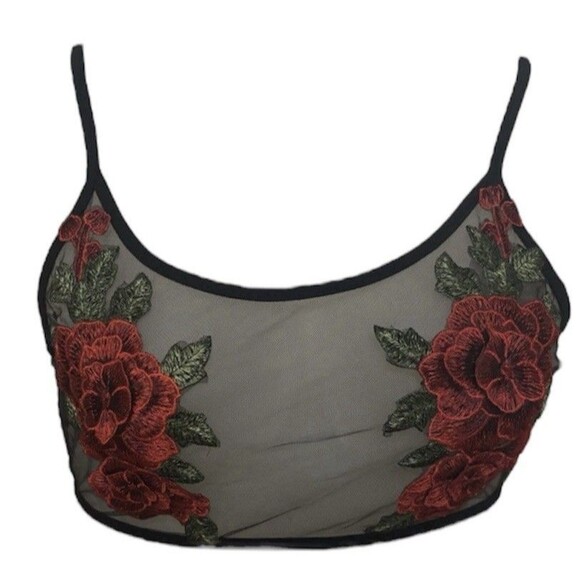 Y2K Wm M Black Sheer Red Floral Embroidery Fairy Sexy Witchy Grunge HALTER ROSES - Picture 1 of 5